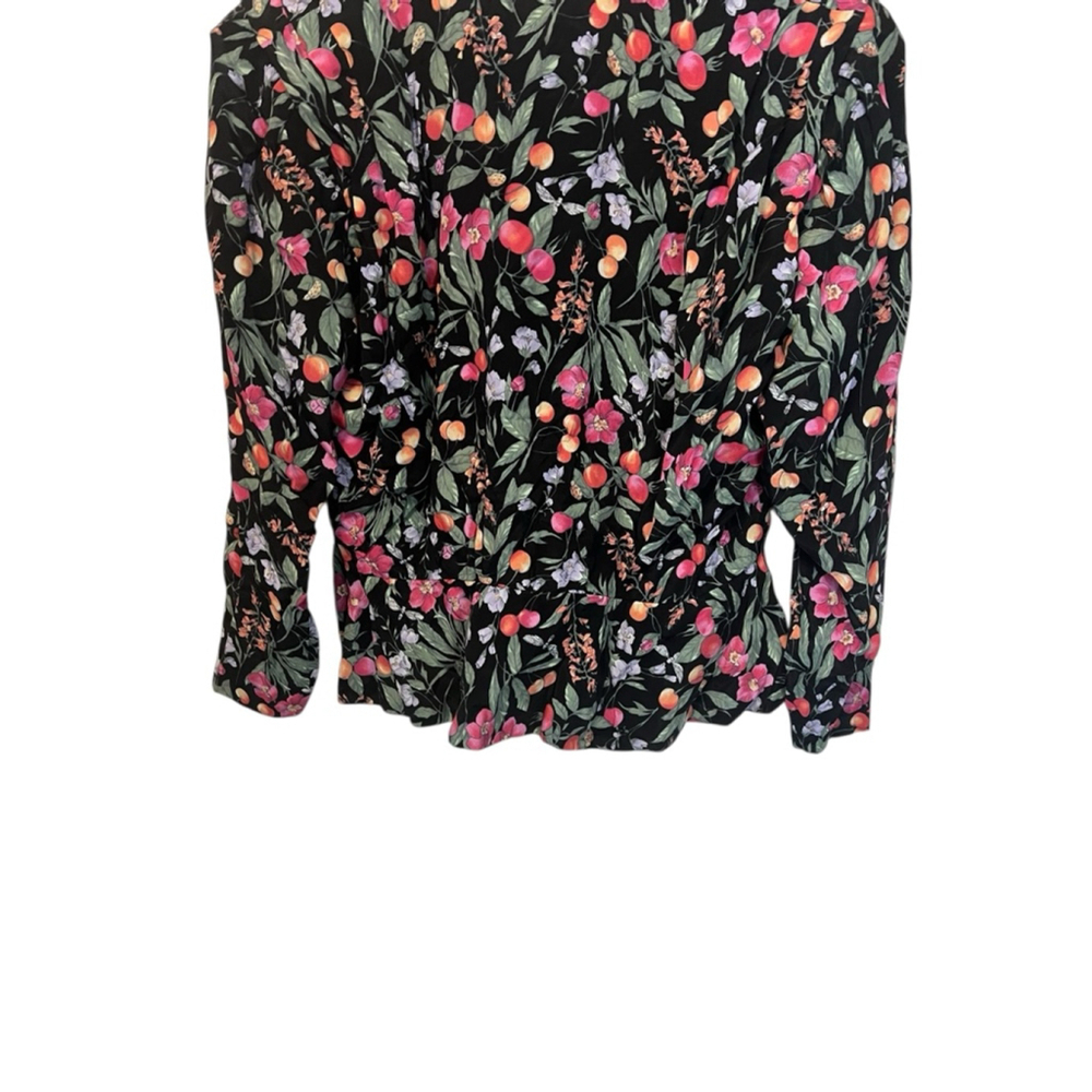 Vintage Black Floral Fruit Print Blouse Large Cottagecore Button Front Top - Picture 7 of 9